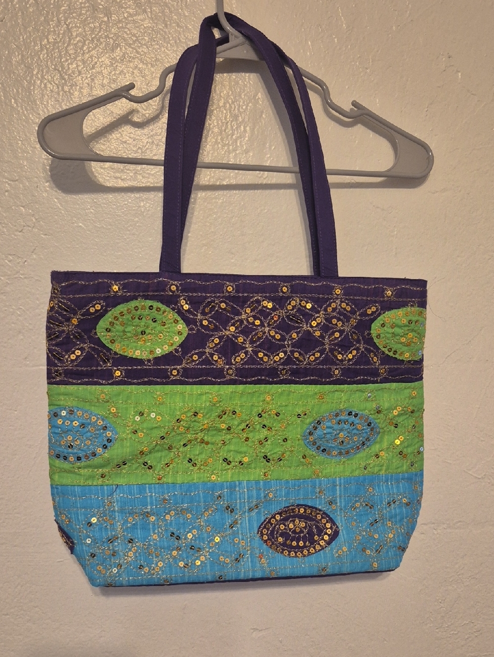 Boho Embellished Colorblock Tote Bag in Purple, Green & Blue  Sequin